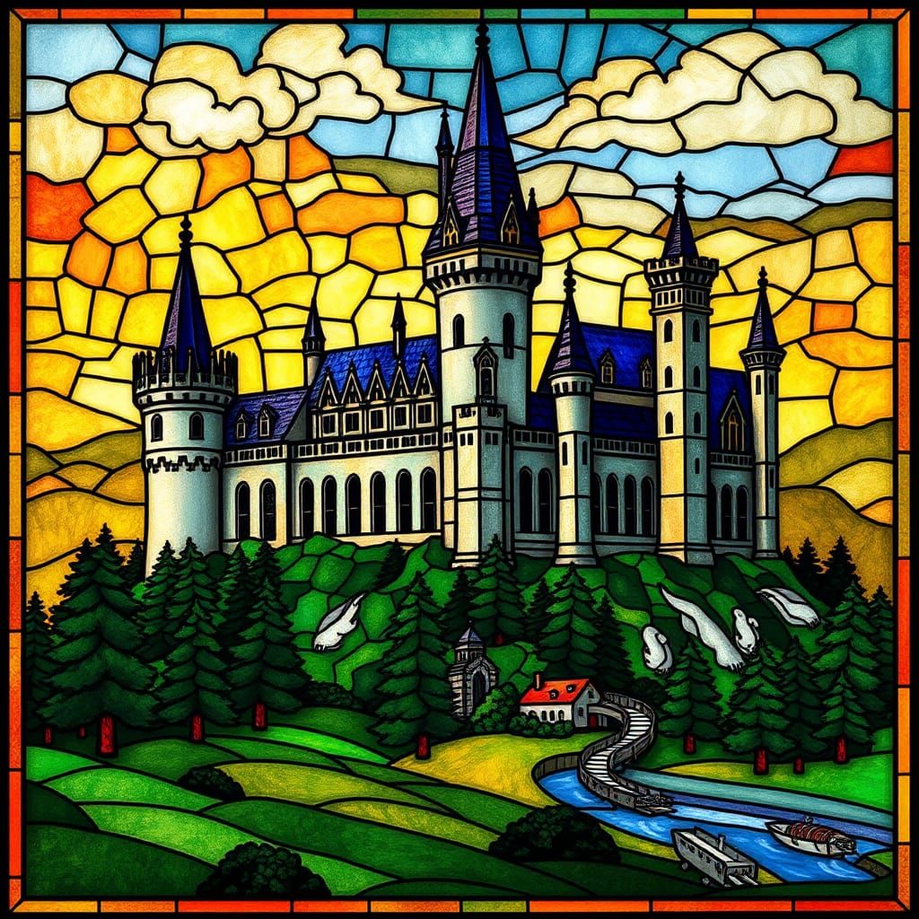 Majestic Castle in Stained Glass Style