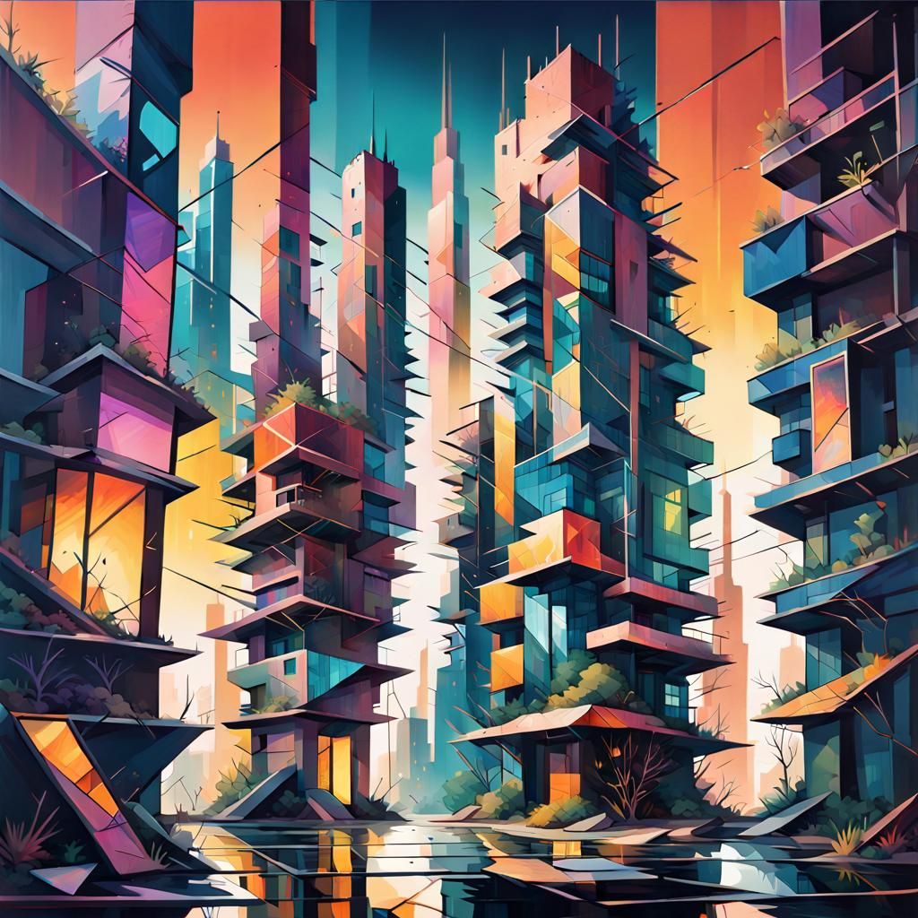 Cubist Cityscape in Geometric Fauvism Style
