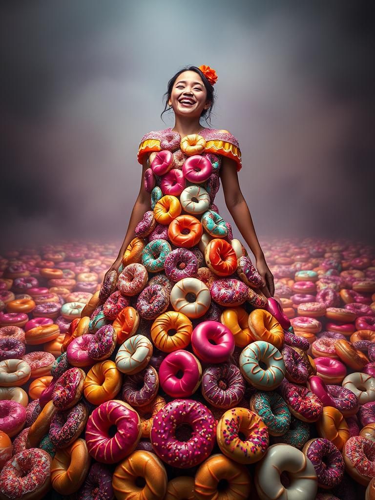 Woman in Donut Dress: Hyperrealistic Dreamscape