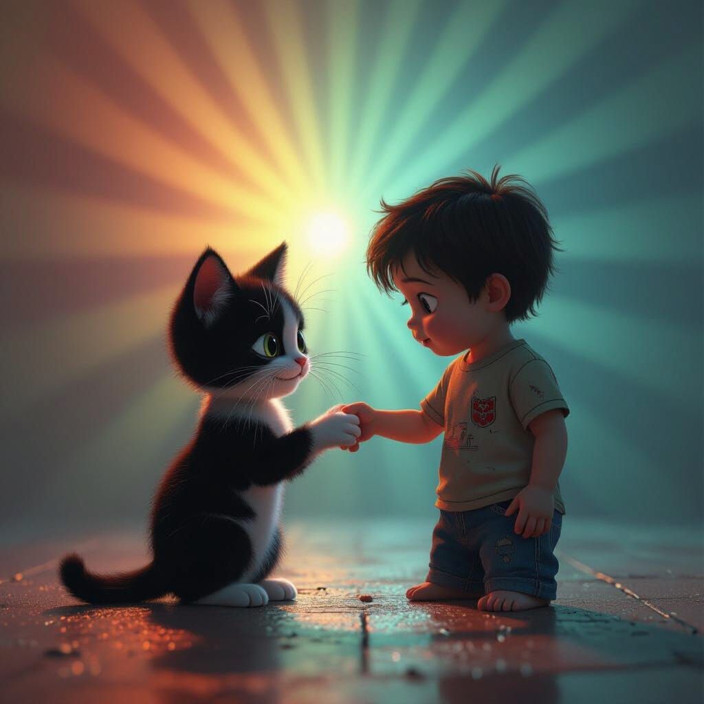 Kitten Scratches Child Hand in Eerie Digital Art