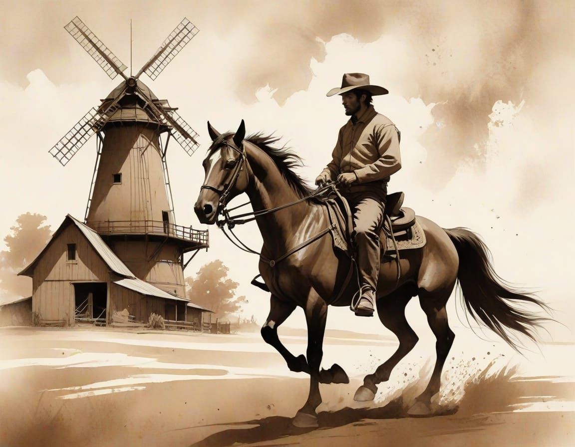 Cowboy on Horse: Sumi-e Painting with Impasto