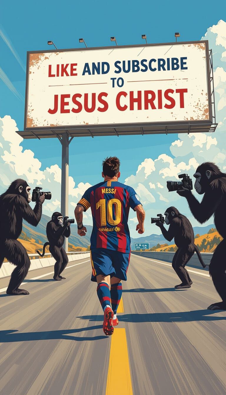 Messi Runs on Highway in Digital Art Style