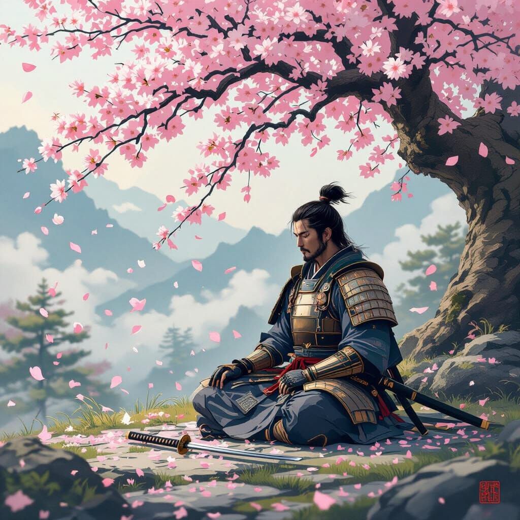 Samurai Meditating Under Cherry Blossoms in Ukiyo-e Style