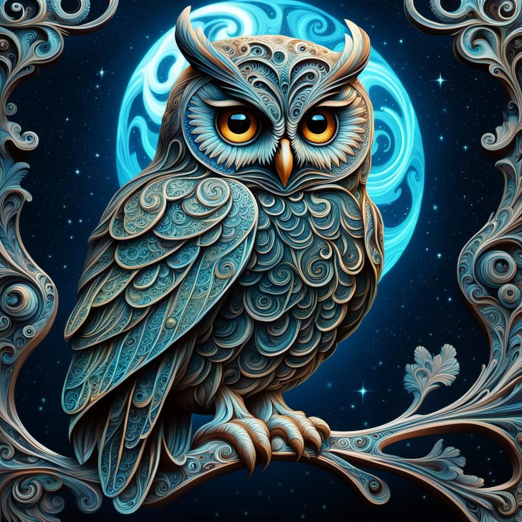 Bioluminescent Owl in Ornate, Moonlit Swirls