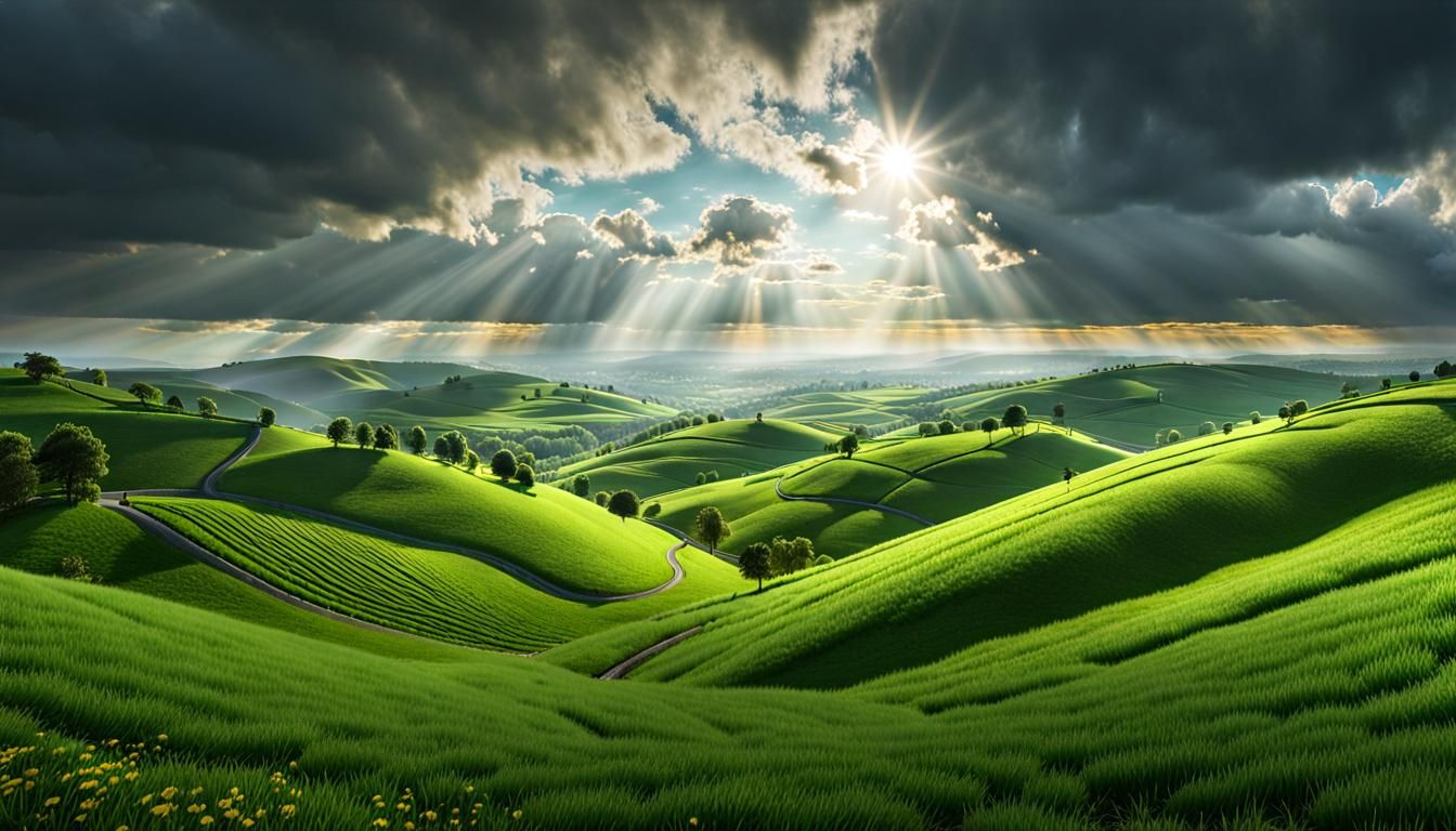 Expansive Green Hills Landscape in Photorealistic Style