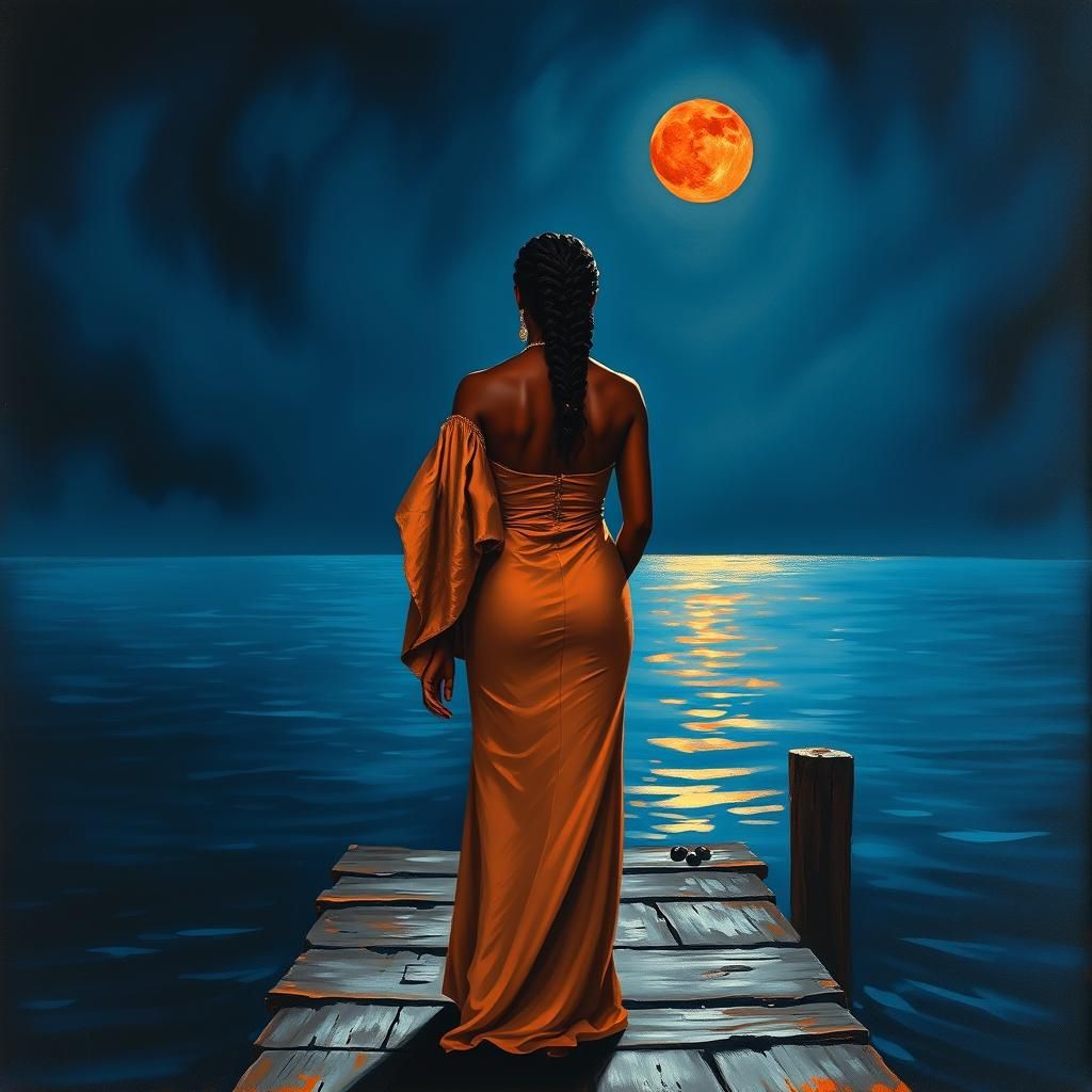 Woman Gazing at Moonlit Lake in Impressionist Style