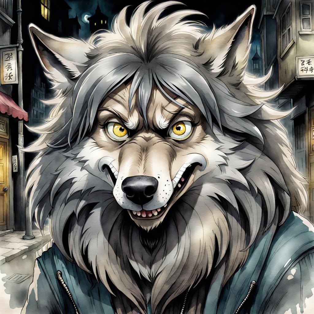 Humorous Shapeshifter Wolf Cartoon Portrait in Anime Sketch ...