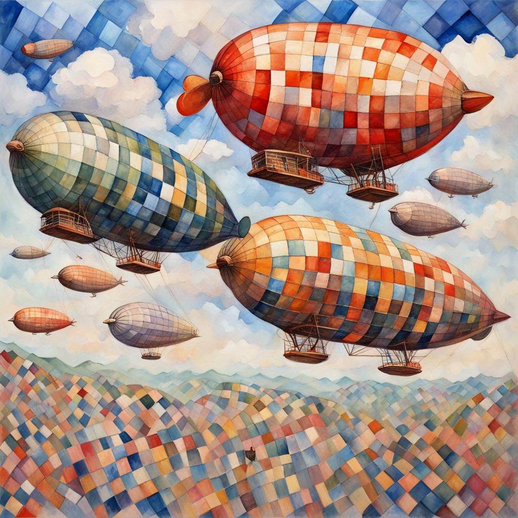 Checkered Airships in Gouache Watercolor Style