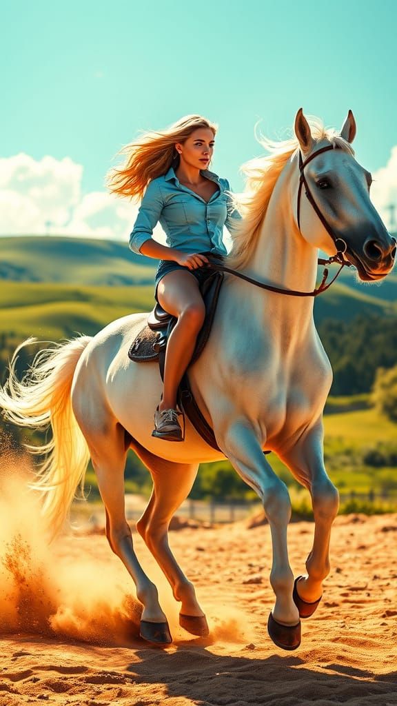 Elegant Rider Conquers Sunlit Arena on Majestic White Horse