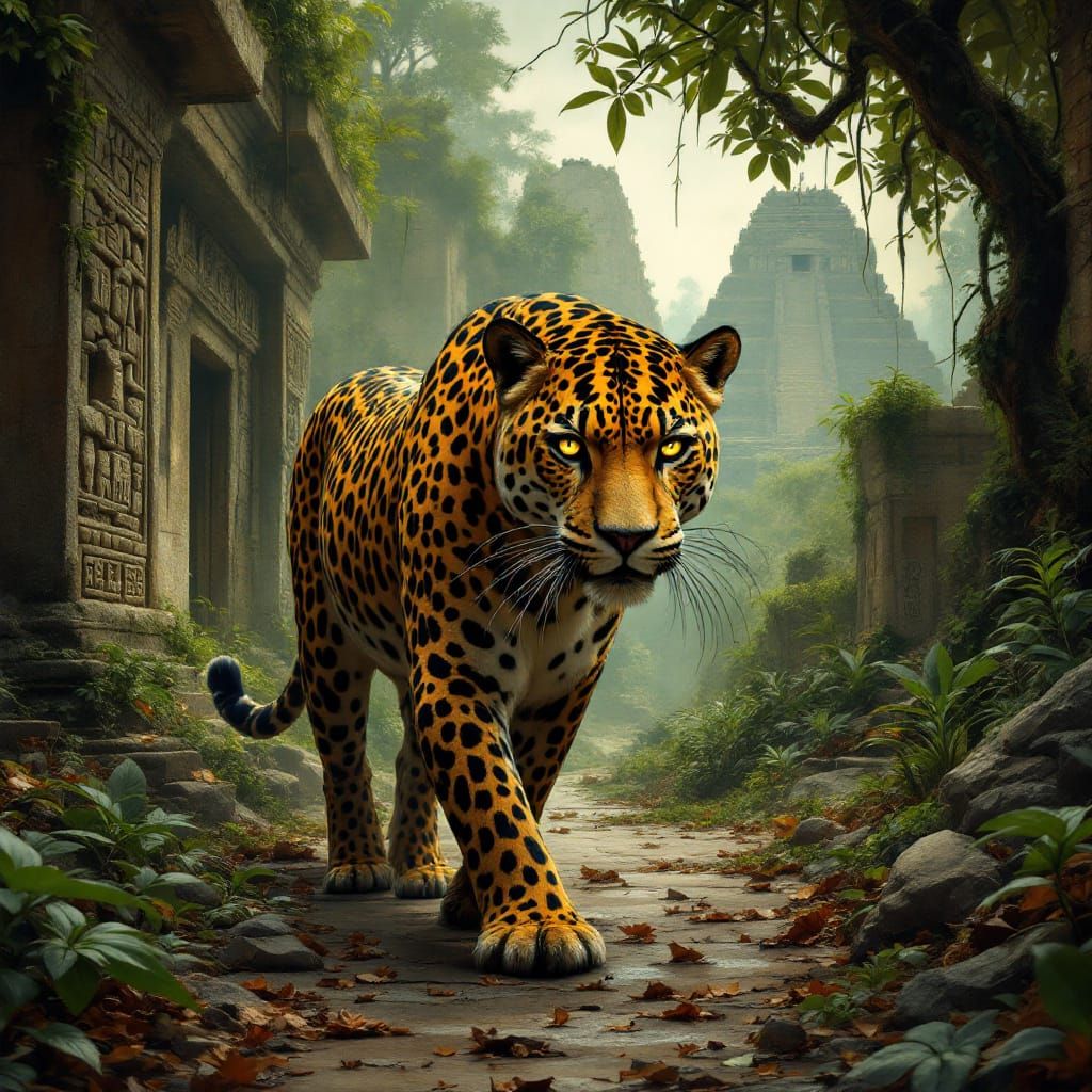 Jaguar in Post-Apocalyptic Mayan Cityscape