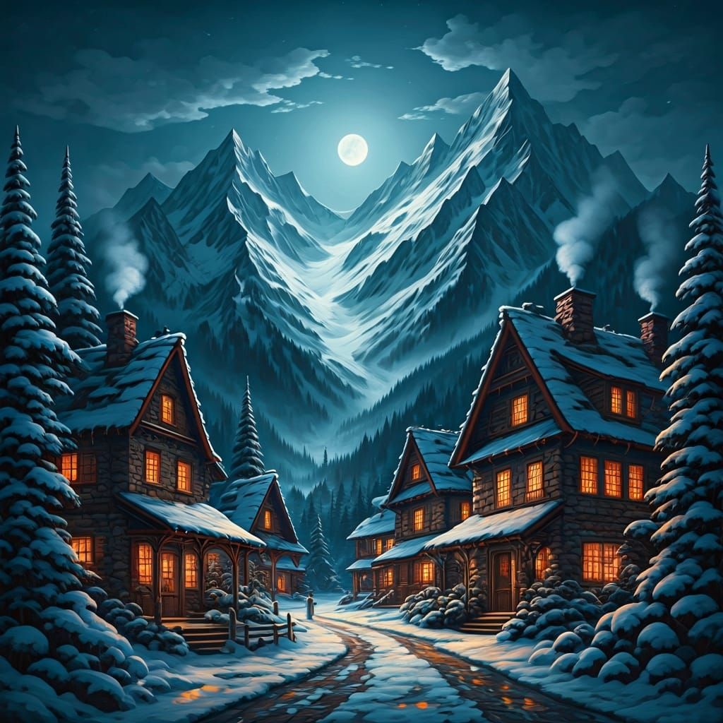 Moonlit Mountain Village Inspired by Impressionism