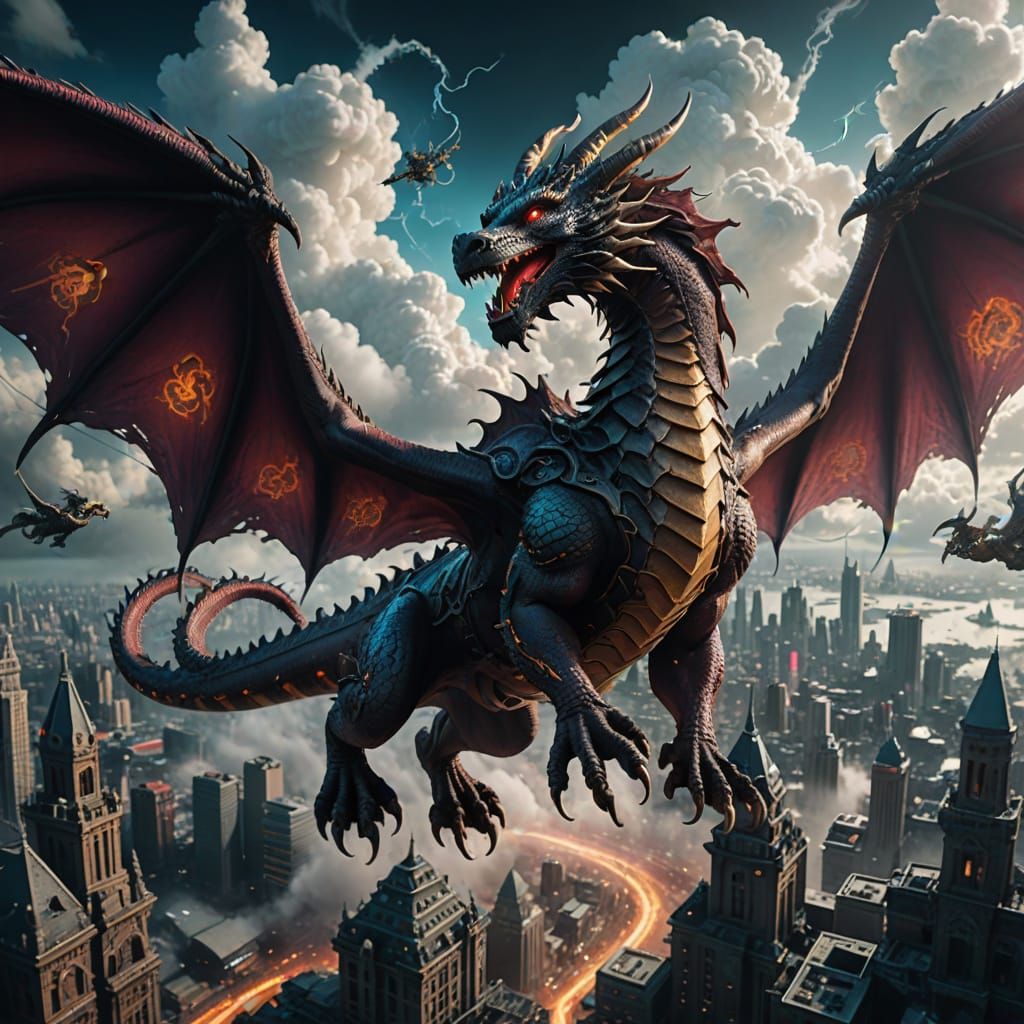 Digital matte painting. A majestic dragon soars through a sw...