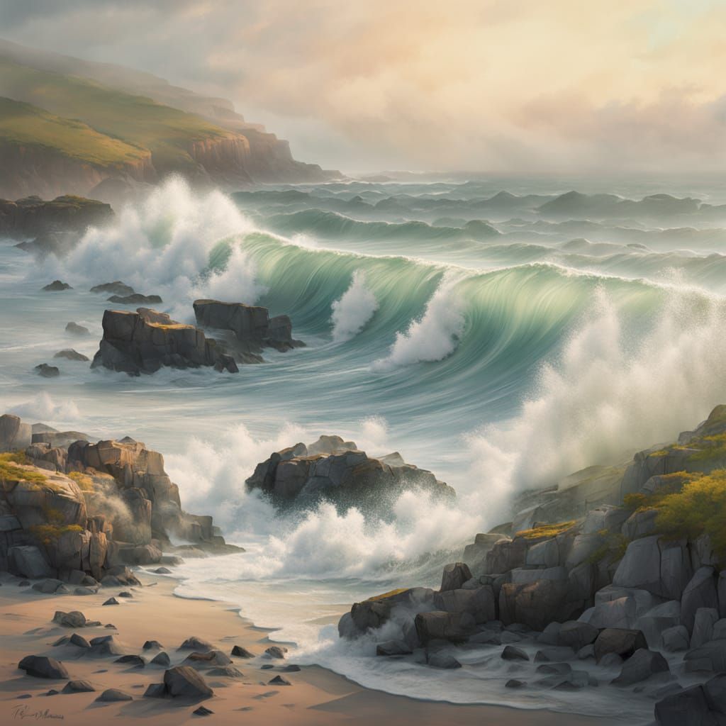 Serene Coastal Landscape with Rugged Shoreline and Softly Bl...