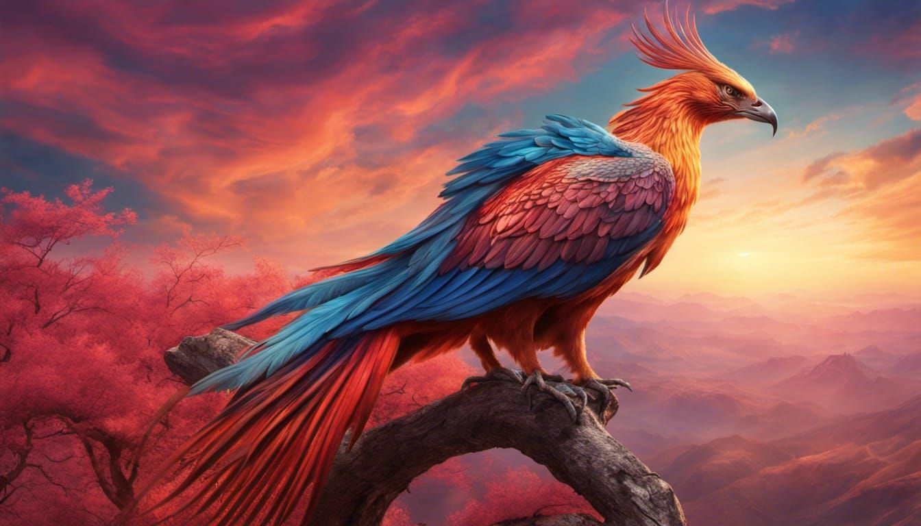 Mystic Phoenix Ascent: serene, vibrant, highly-realistic, detailed, artwork, majestic Phoenix, ascends, against, pastel-...
