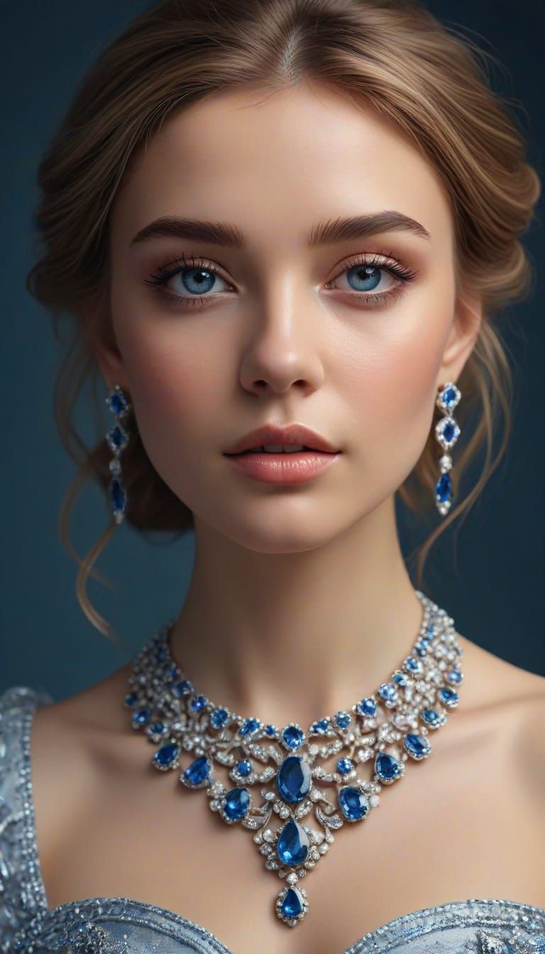 Woman in Blue Sapphire Jewelry: Photorealistic Portrait