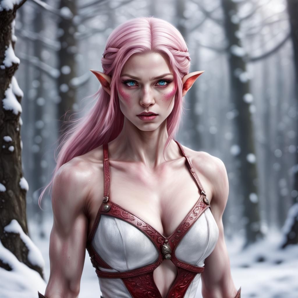 Striking Elf with Ruby Eyes and Pink Hair