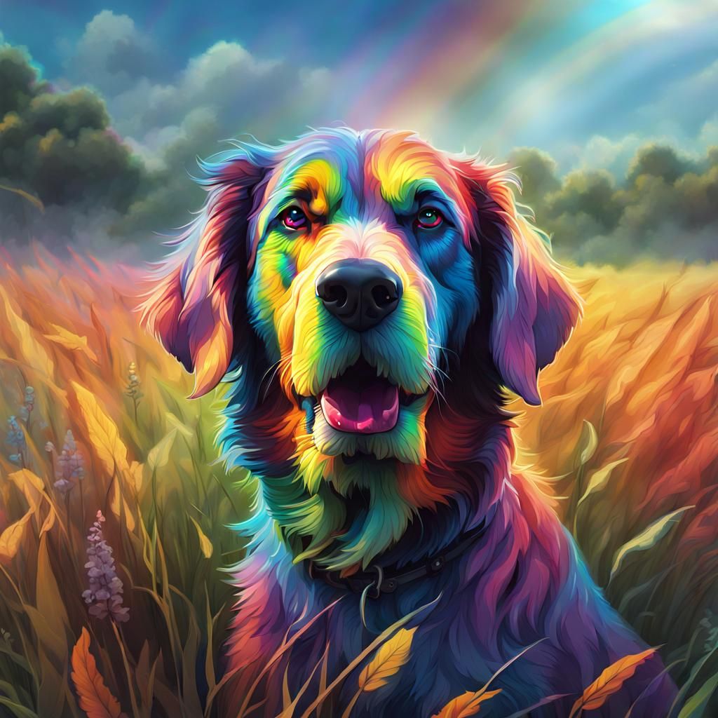 Dog Portrait with Rainbow Smoke, Hyperdetailed Art