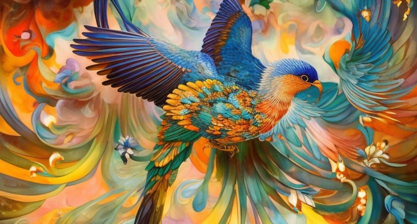 Gorgeous Marbled Bird in Hyperdetailed Japanese Art Style