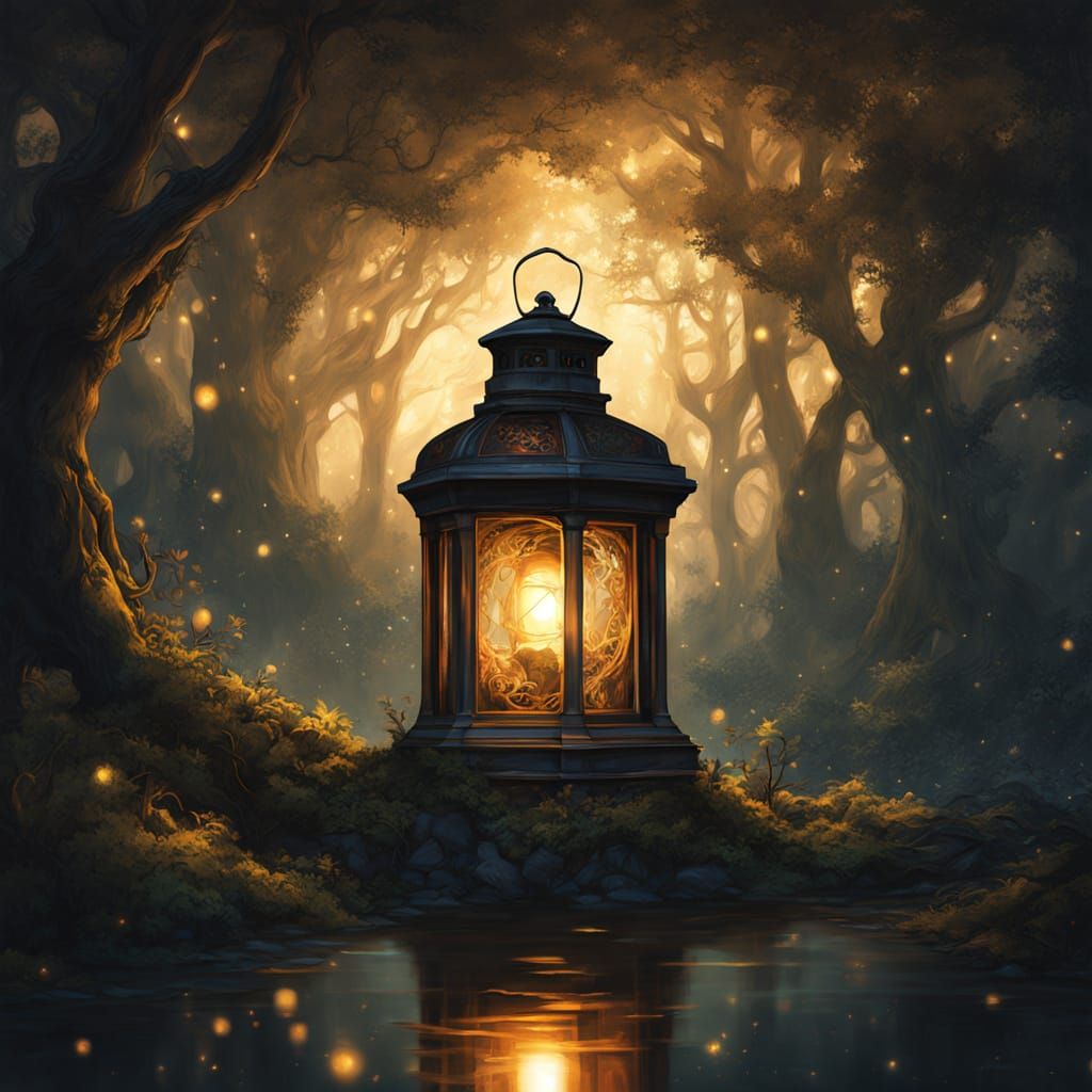 Mystical Lantern in Enchanted Forest - Dark Fantasy Art