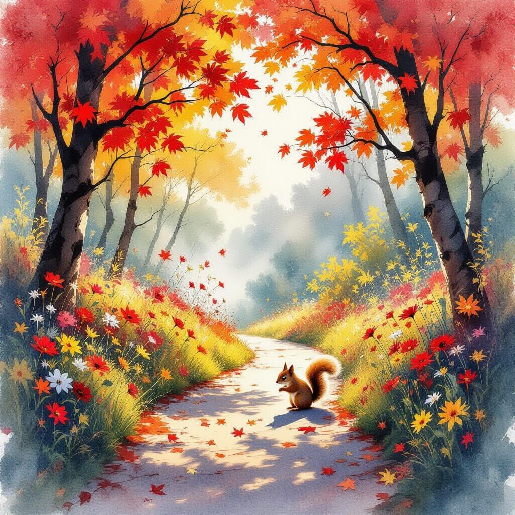 Autumnal Squirrel in Watercolour Wilderness Scene