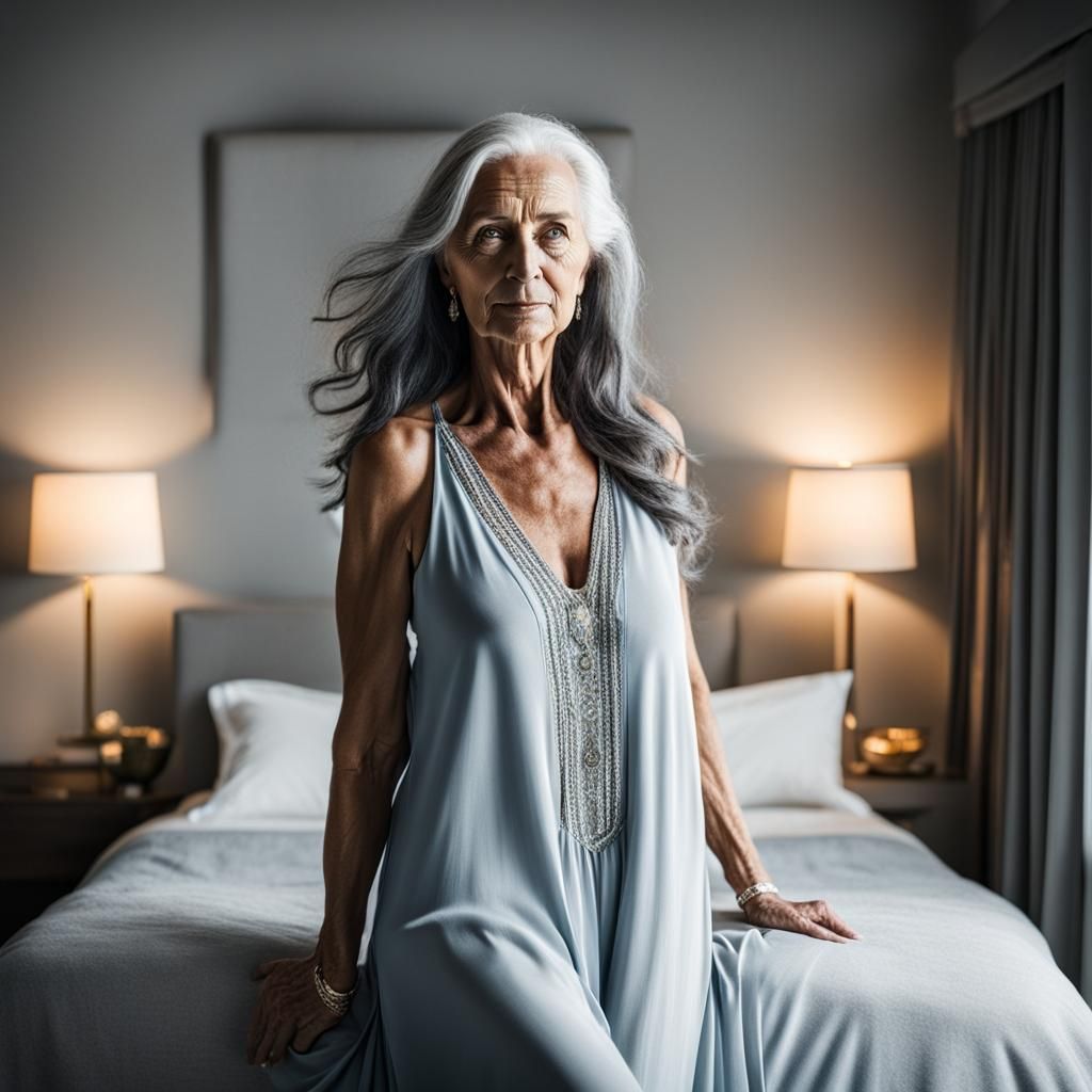 long grey hair mature woman, saggy, (barechest:1.3), barebod...