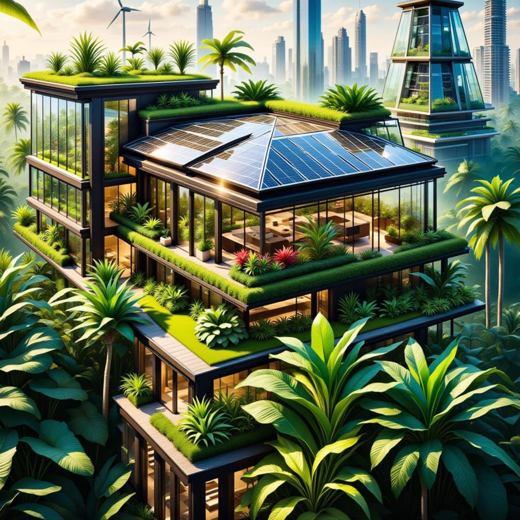 Futuristic Rooftop Garden City at Twilight