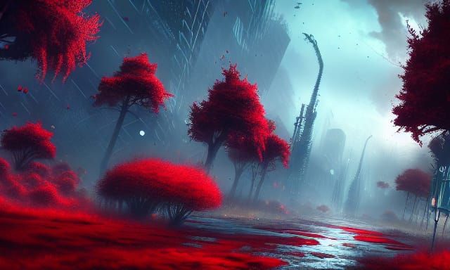 Overgrown City with Red Trees: Dark Fantasy Art