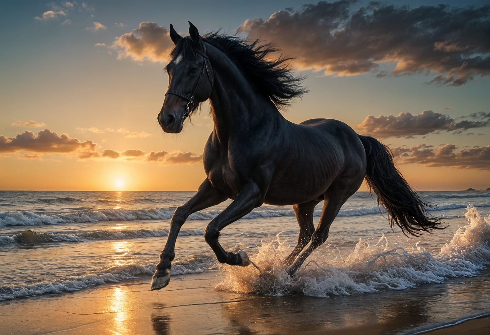 Black Arabian Horse Galloping at Sunset: Cinematic Photo