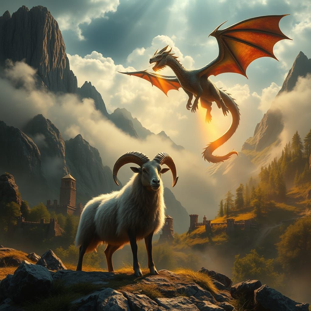 Majestic Ram Faces Off Against a Majestic Dragon in a Dramat...