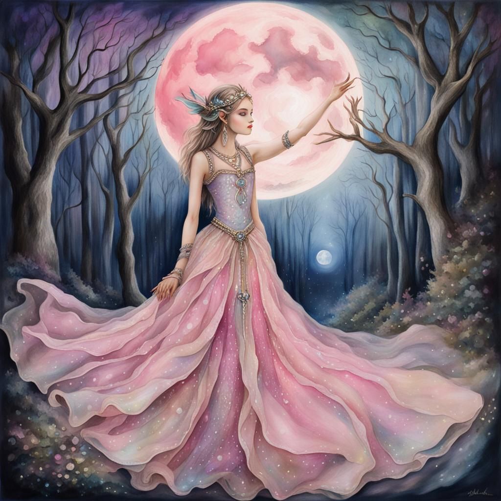 Moon Elf in Mystical Forest, Alcohol Ink and Oil