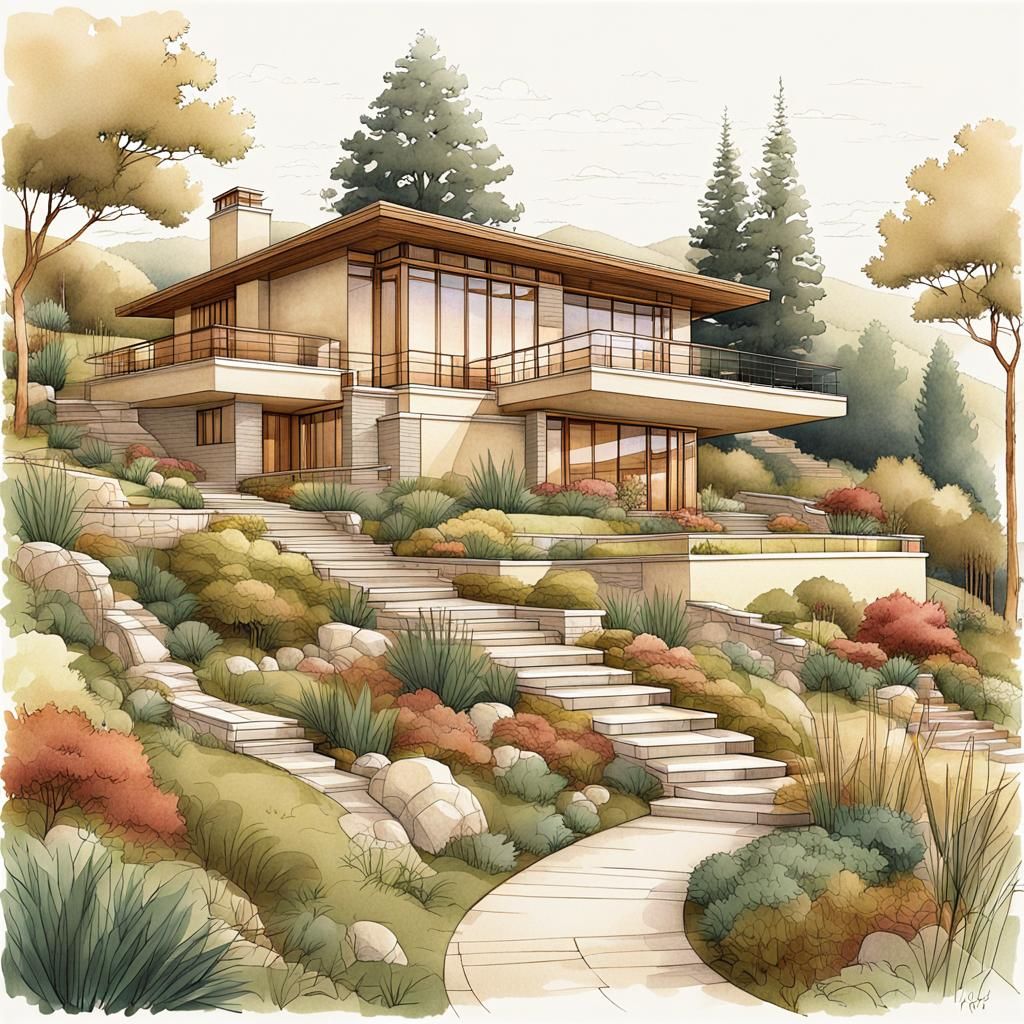 Idyllic Hillside Home: Architectural Illustration