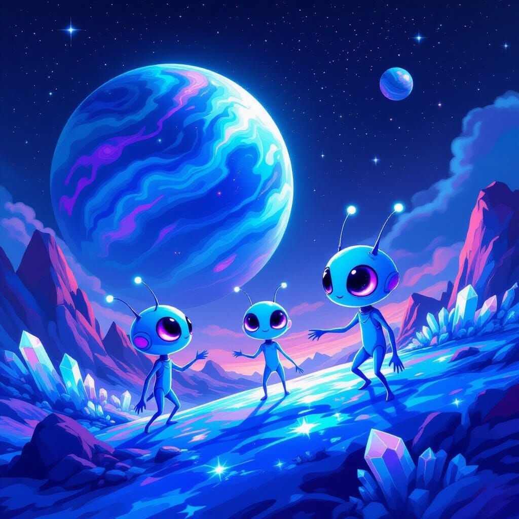 Pastel Aliens Play on Crystalline Planet in Painterly Style