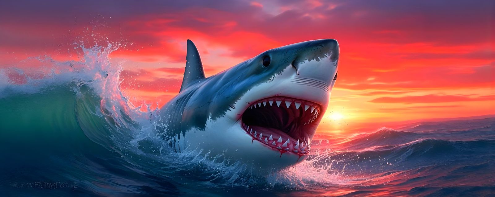 Great White Shark Breaching at Fiery Sunset