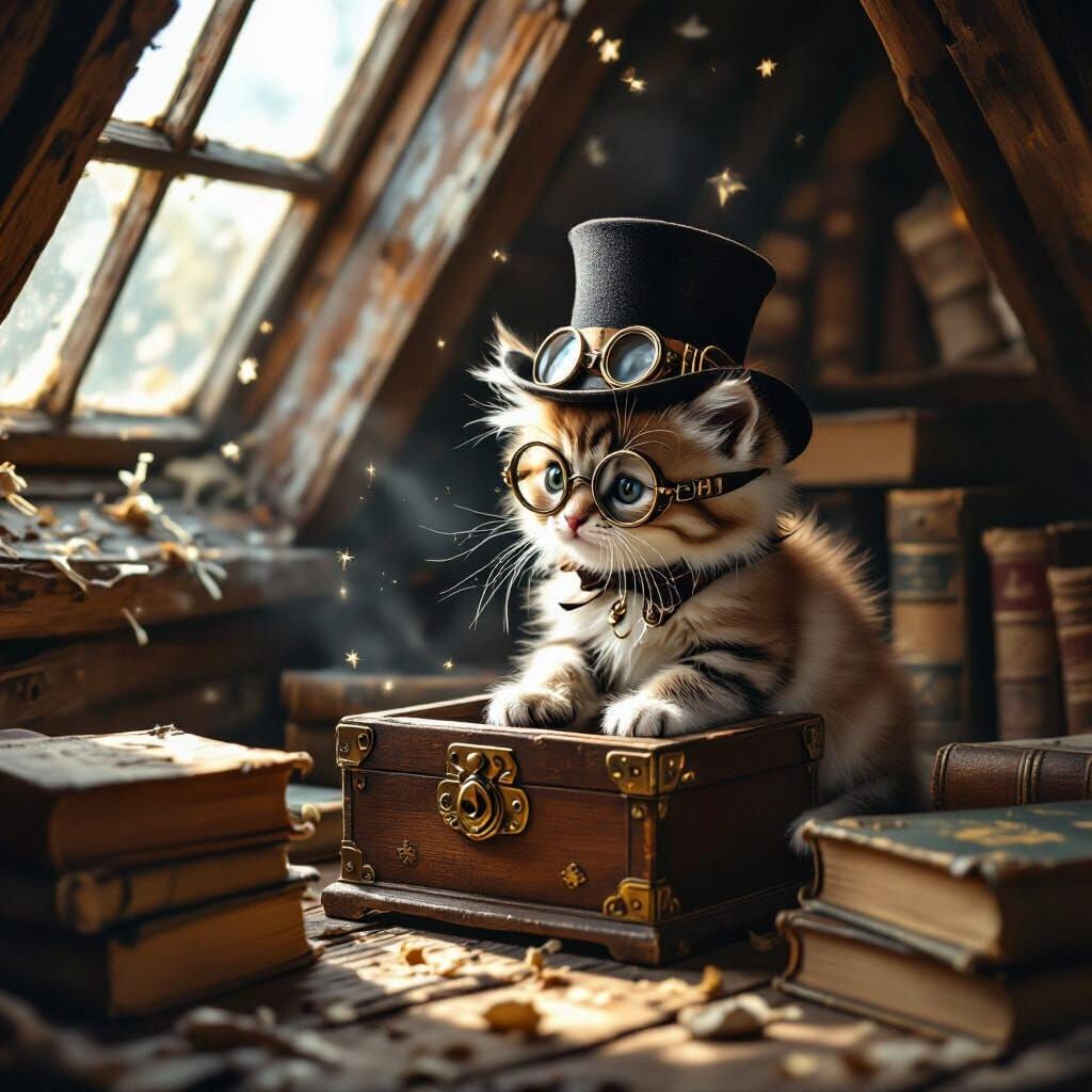 Steampunk Kitten in Attic, Dreamlike Illustration