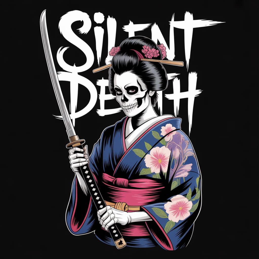 Skeletal Geisha Warrior in Vector Art Style