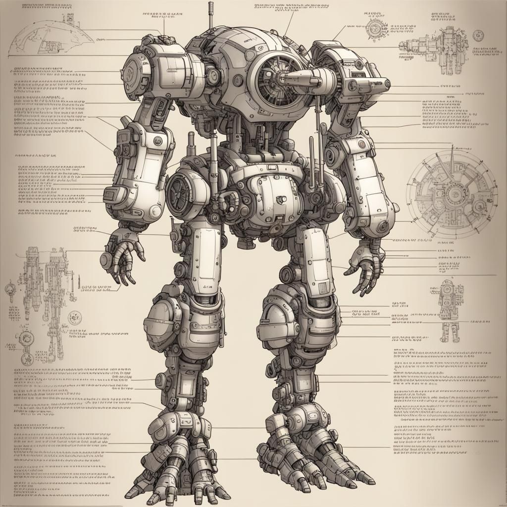 Steampunk Mecha Exosuit Diagram in Ghibli Style