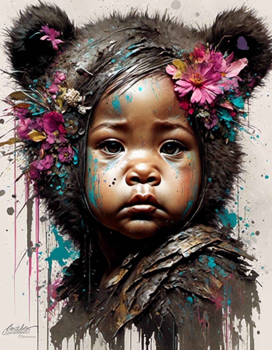 Hawaiian Bear Cub Portrait in Mixed Media Style