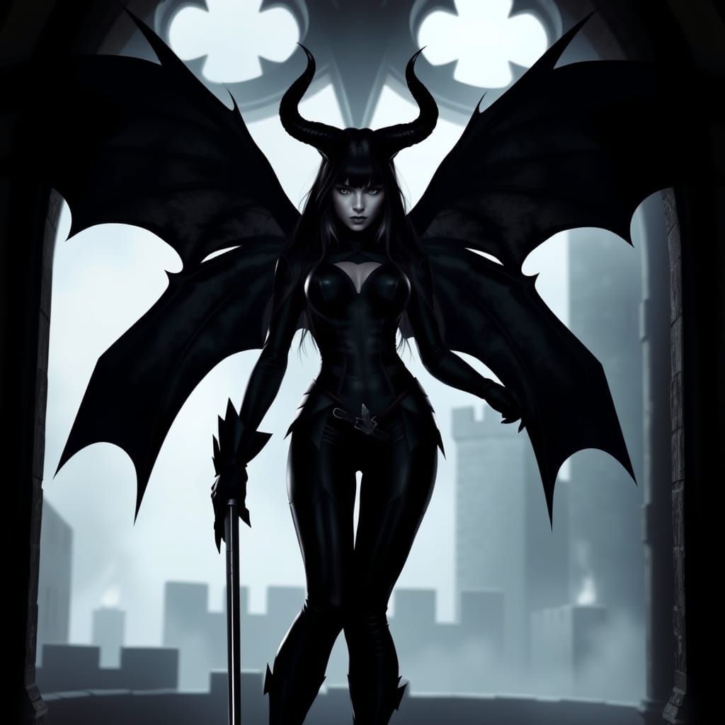 Dark Winged Figure in Gothic Archway