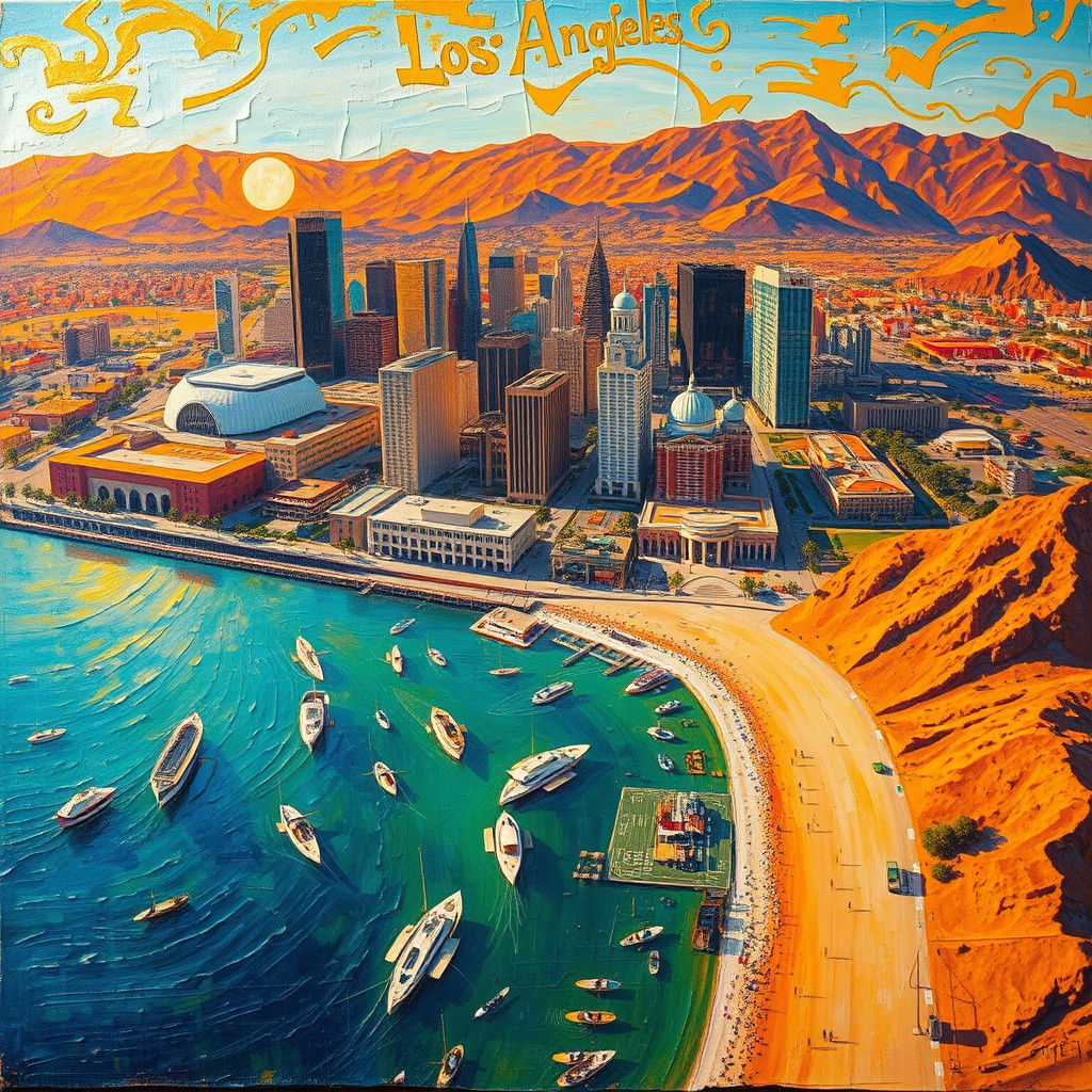 Los Angeles Neo-Impressionist Aerial View in Golden Sunlight