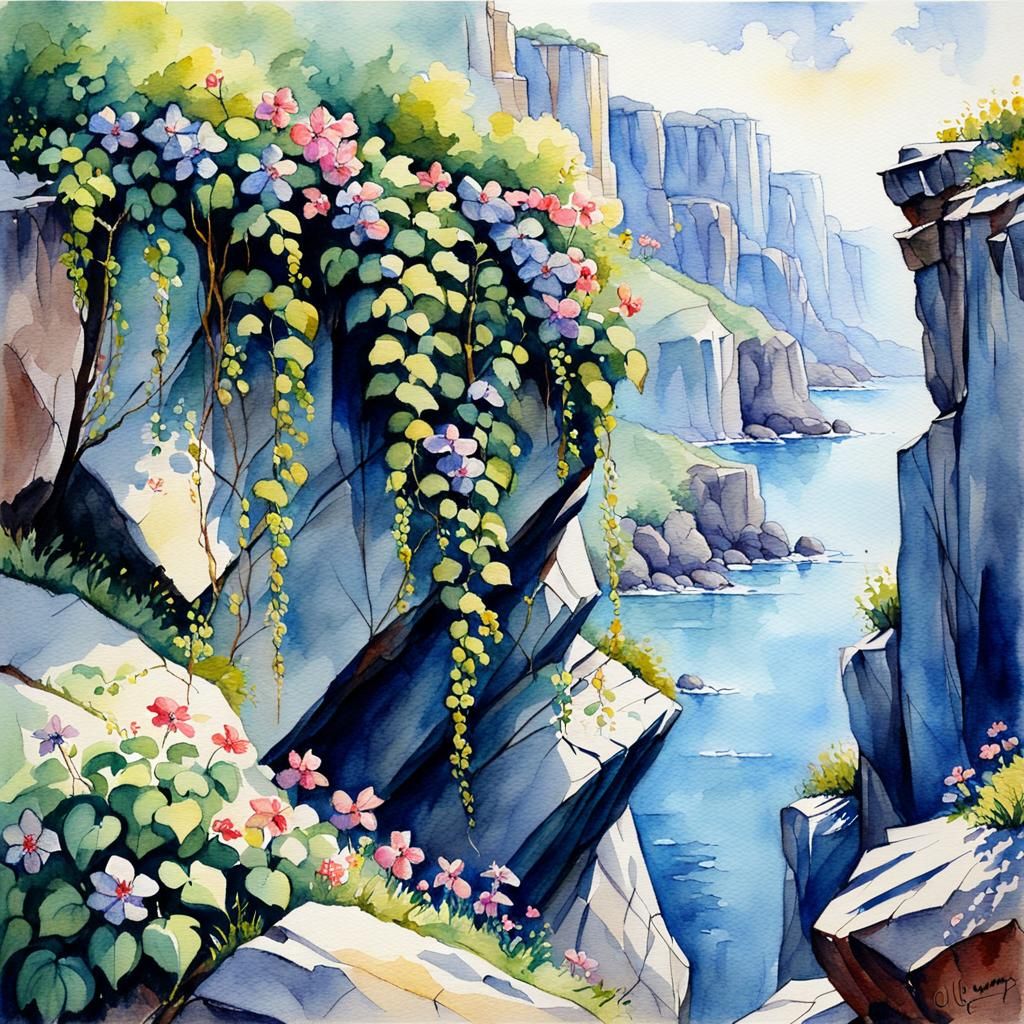 Floral Vine on Rocky Cliff: Watercolor Sketch