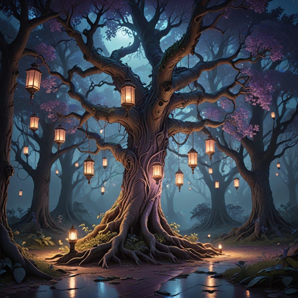 Majestic Moonlit Tree in Whimsical Fantasy Landscape