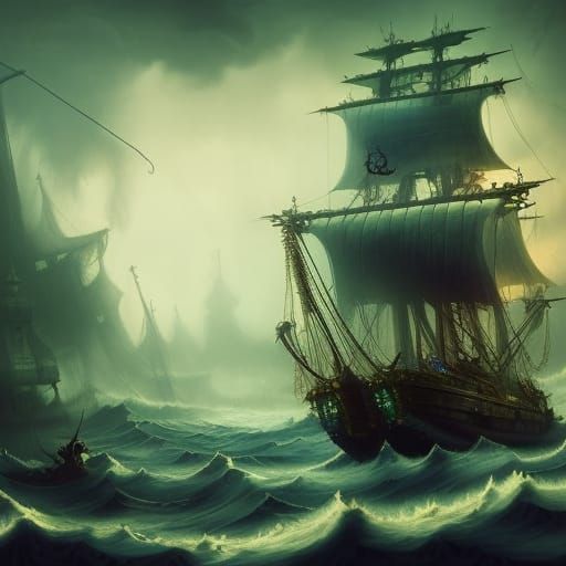 Spooky Pirate Ship on a Dark Sea: Digital Art