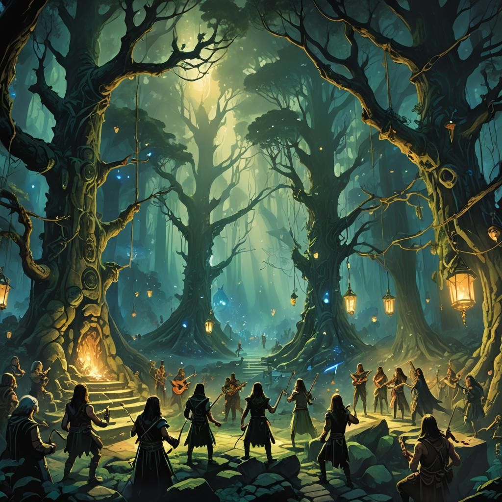 Mystical Rock Band Performance in Fantasy Forest