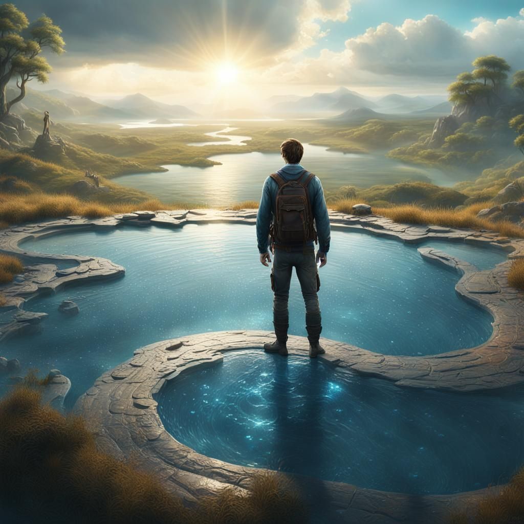 Lone Traveler at Tranquil Pool: Cinematic Digital Painting