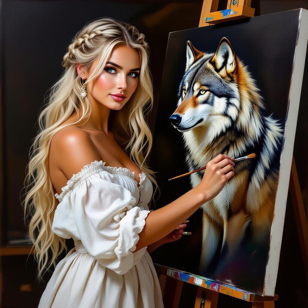 Renaissance Woman Painting a Wolf Masterpiece
