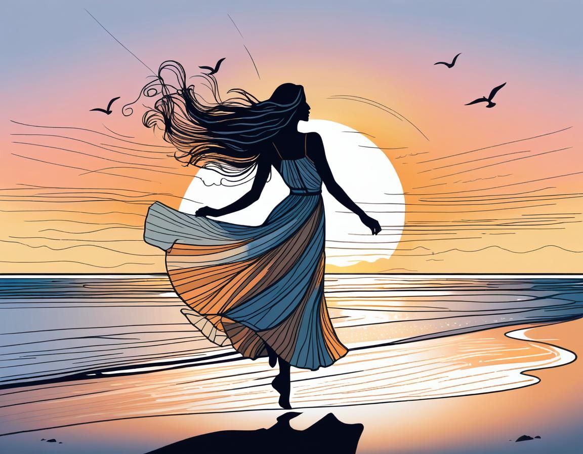 Woman Dancing at Sunset: Minimalist Sketch