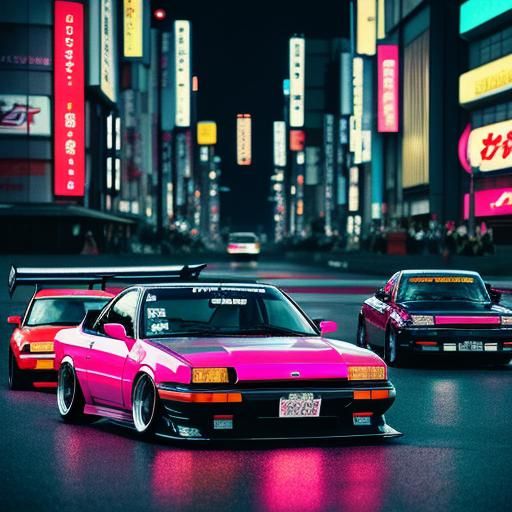 JDM Cars Drifting in Neon Tokyo: Synthwave Style