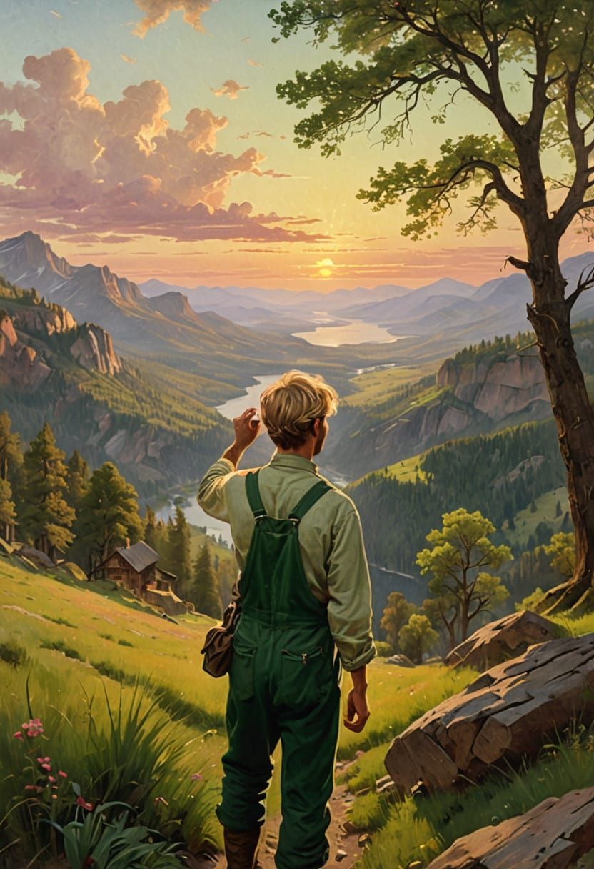 Boy Contemplates Serene Mountain Landscape