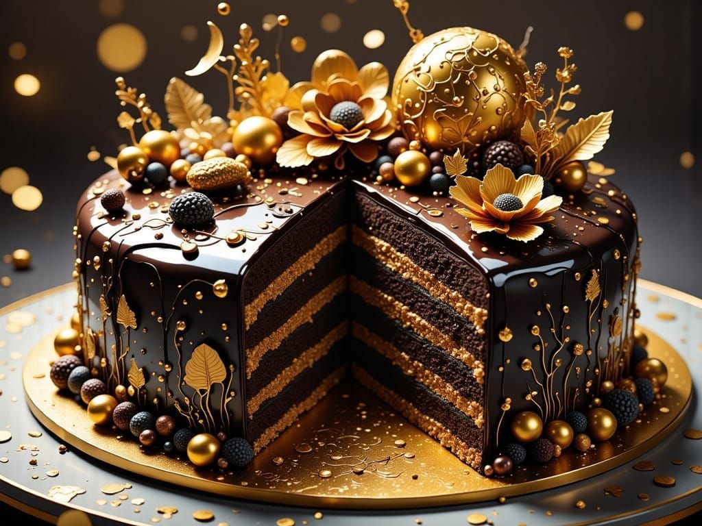 Decadent Chocolate Cake with Gold Icing and Decorations