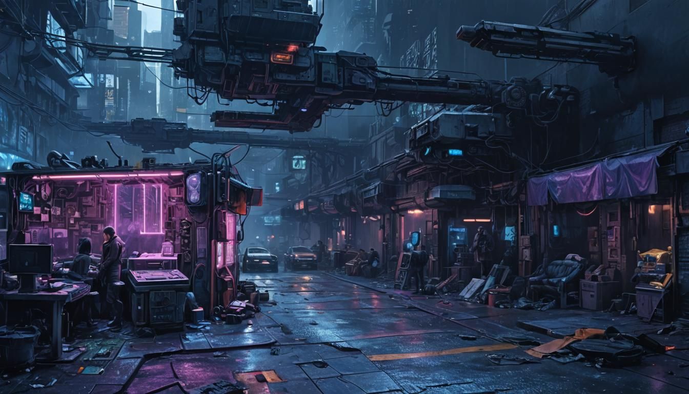 Cyberpunk Cityscape: Futuristic Black Market in Cyberpunk St...